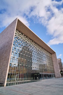 ISTANBUL, TURKEY, MAY 6, 2022: Low angle vertical shot of AKM; Ataturk Cultural Center, a concert hall, theatre and cultural centre running along the eastern side of Taksim Square in Beyoglu, Istanbul