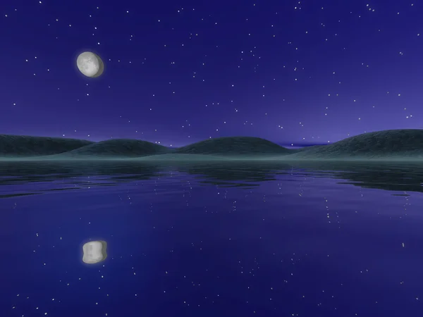 Nocny krajobraz z jeziorem i wzgórza — Zdjęcie stockowe