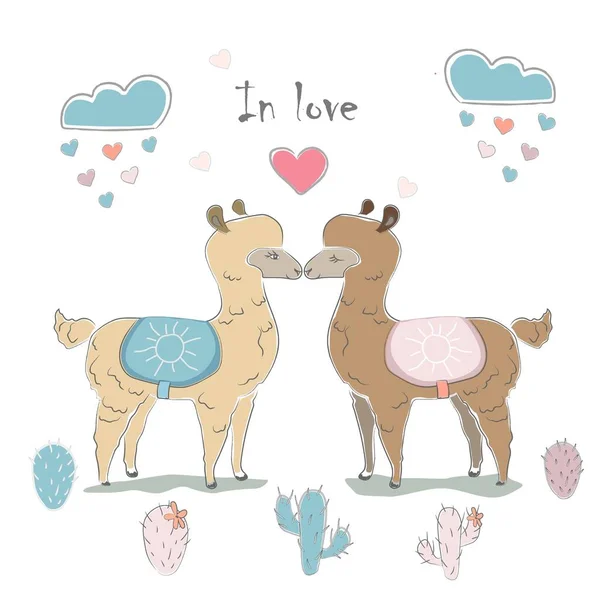 Schattig Alpaca Koppel Voor Valentijnsdag Liefdeskaarten — Stockvector