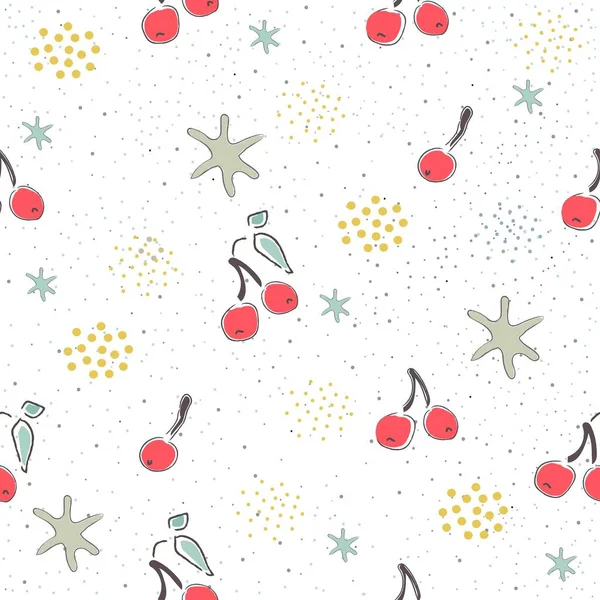 有着可爱背景的可爱樱桃的无缝图案 斯堪的纳维亚风格 — 图库矢量图片#