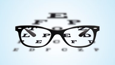 Eyeglasses over a blurry eye chart clipart