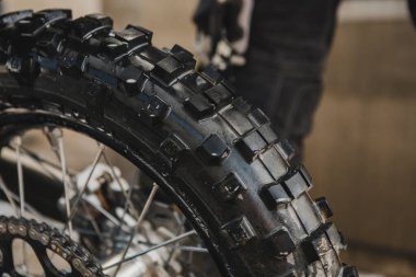Almeria, Spain - May 5th 2021: Motocross Dunlop tyre at washing service during Dunlop Xperience showroom and test in Almeria, Spain.