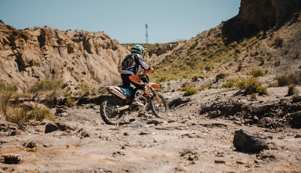 Almeria Spain May 5Th 2021 Motocross Rider Crossing River Tabernas - Stock-foto