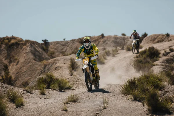 Almeria Spain May 5Th 2021 Motocross Riders Riding Downhill Tabernas — Φωτογραφία Αρχείου