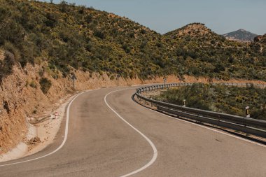 Güneşli bir arazide virajları olan boş bir yol.