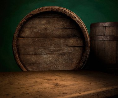 fıçının arka planı ve aşınmış eski ahşap masa