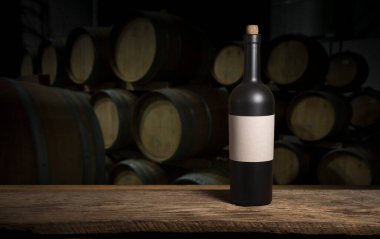 Kırmızı şarap kadehleri ve taş arka planda bir şişe. Kopyalama alanı olan üst görünüm