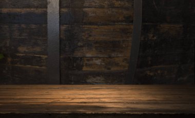 fıçının arka planı ve aşınmış eski ahşap masa