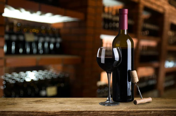 Wine Bottles Glasses Wooden Table Close — Stockfoto
