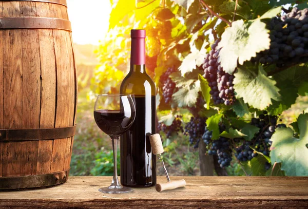 Despejar Vinho Tinto Copo Contra Fundo Madeira — Fotografia de Stock