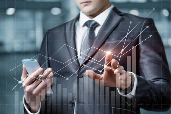 Business Man Virtual Computer Screen Using Mobile Device Works Financial — Stock Photo, Image