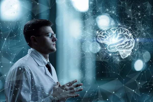 Doctor Examines Hologram Brain Dark Background — Stock Photo, Image