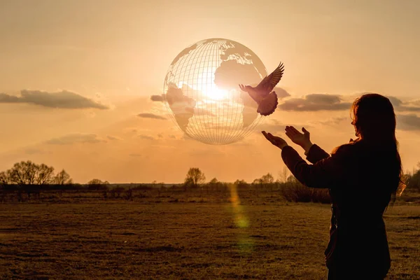 지구의 지구를 배경으로 비둘기를 놓아주는 — 스톡 사진