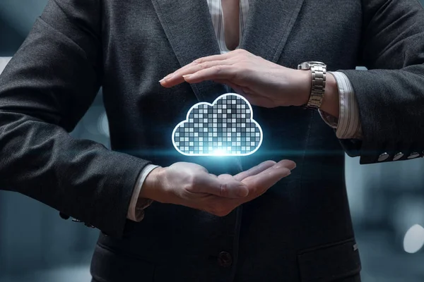 Concetti Sicurezza Della Banca Dati Businessman Protegge Cloud Dati Con — Foto Stock