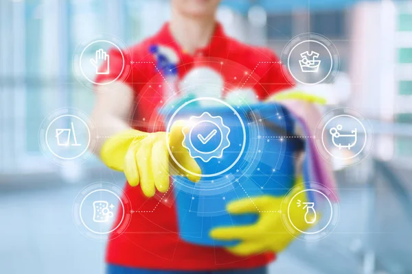 Concept High Quality Cleaning Company Cleaning Cleaning Lady Clicks Virtual — Stock Photo, Image