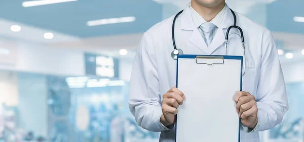 Doctor Shows Checklist Tasks Blurred Background — Zdjęcie stockowe