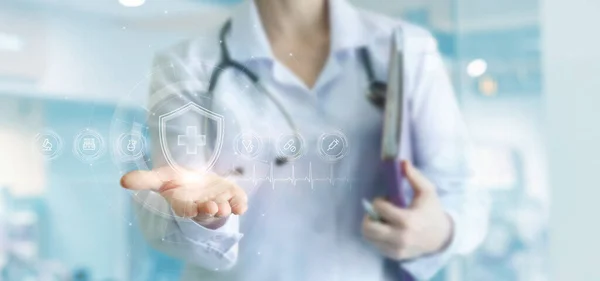 Koncepcja Opieki Zdrowotnej Medycyny Lekarz Pokazuje Interfejs Symbolem Opieki Zdrowotnej — Zdjęcie stockowe