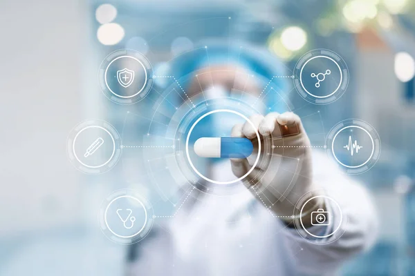 Doctor Shows Medicine Background Virtual Computer — Stockfoto