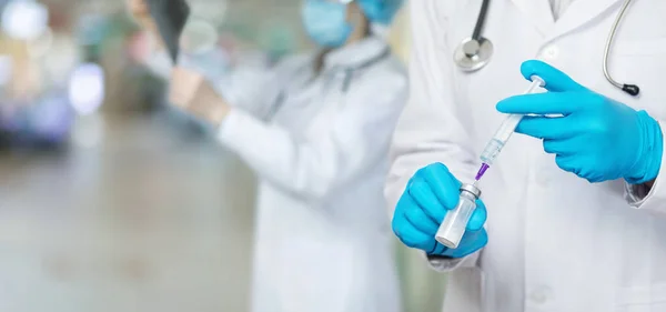 Doctor Prepares Vaccine Blurred Background Hospital — Stok fotoğraf
