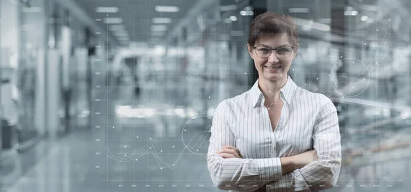 Woman Manager Financial Market Analyst Blurred Background — Fotografia de Stock