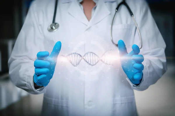 Doctor Manipulates Dna Molecule Blurred Background — Foto Stock