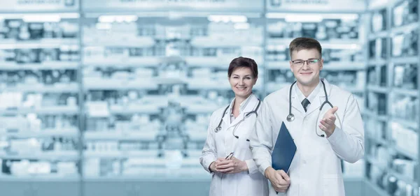 Group Medical Workers Stand Blurred Background Pharmacy — Stockfoto