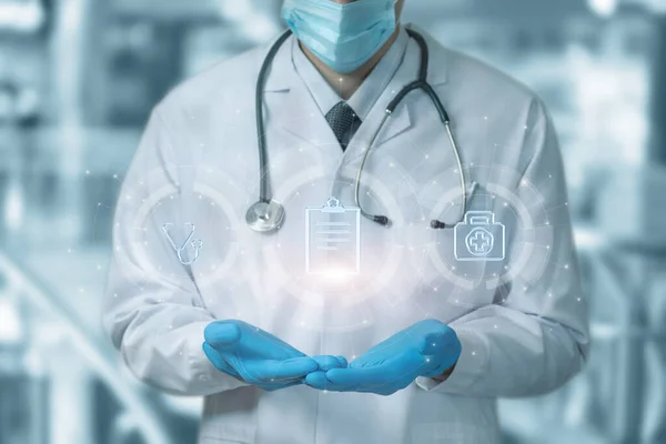 Doctor Showing Medical Registry Icon Blurred Background — Fotografia de Stock