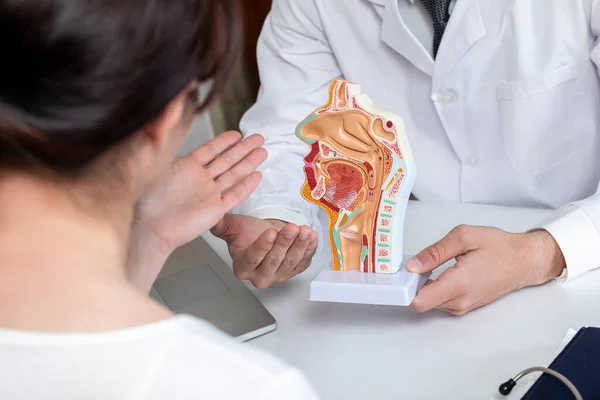 Doctor Shows Anatomy Mucous Membrane Throat Nose Patient Table — Fotografia de Stock