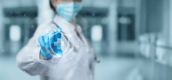 Concept Protecting Health Help Modern Technologies Doctor Shows Shield Cross —  Fotos de Stock