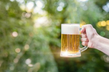 Glass of beer on the background of trees in hand.