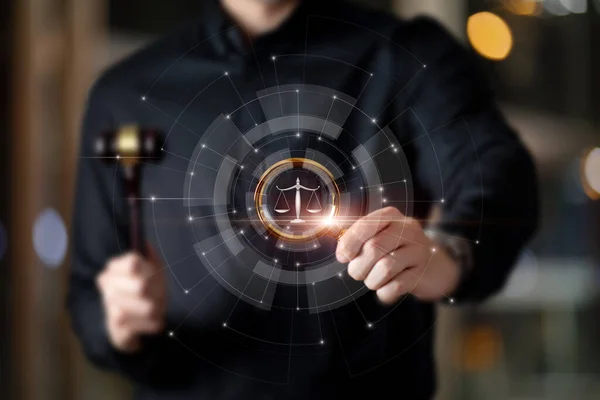 Justice Search Concept Lawyer Looking Magnifying Glass Virtual Computer Screen — Stock fotografie