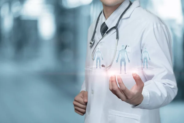 Doctor Shows Holograms Patients Blurred Background — Stock Fotó