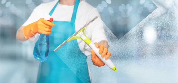 Cleaning Lady Washes Glass Shop Window Mall — Fotografia de Stock