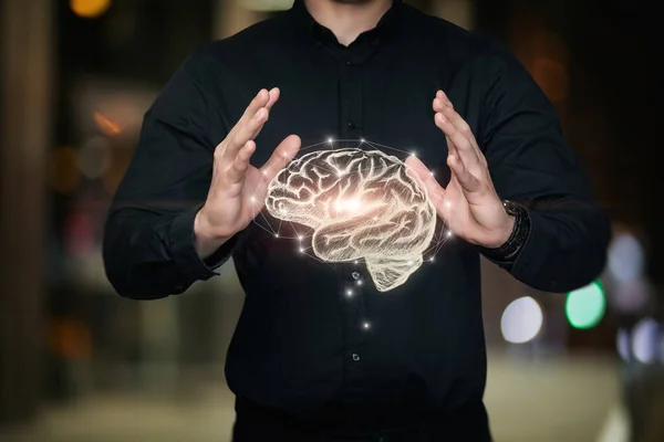 Business Man Makes Hand Manipulation Artificial Intelligence —  Fotos de Stock