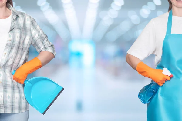 Concept Providing Cleaning Services Cleaning Ladies Blurred Background — Zdjęcie stockowe