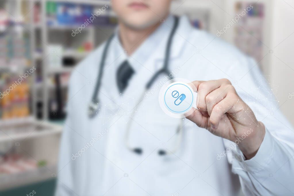 Pharmacist showing pills icon on pharmacy blur background.