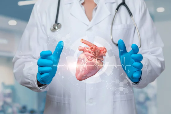 Médico Mostra Coração Doador Uma Tela Computador Virtual — Fotografia de Stock