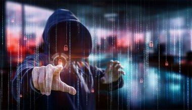 Bulanık arkaplanda sanal bilgisayar ekranındaki hacker hack sistemi.