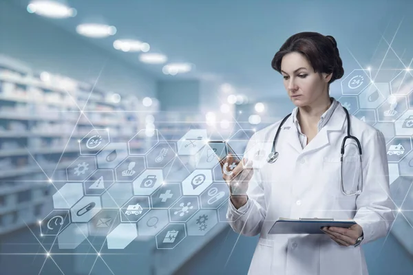 Doctor Selects Prescription Drugs Using Mobile Device Virtual Computer Interface — Stock Photo, Image