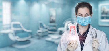Diş tedavisi ve protez hizmeti sunma kavramı. Diş hekimi, kliniğin arka planına karşı aletleri ve diş modelini gösteriyor.