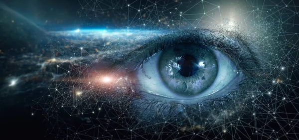 Eye emerging from the network of connections on the background of the outer space of the network.