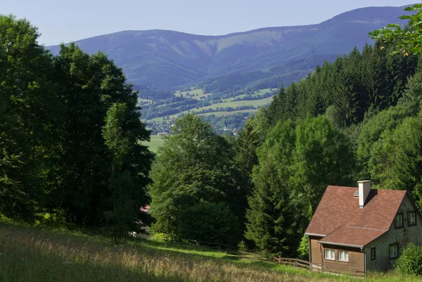 Yeşil tepelerle çevrili kır evi