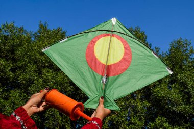 Hint uçurtma festivali Makar sankranti, Uttaryan, Pongal, Lohri kutlamaları vesilesiyle doğayla iç içe büyük bir uçurtma tutuyor ve uçuruyor.