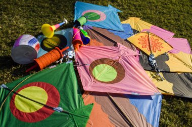 Sankranti uçurtması patang açık havada uçuyor. Uçurtma festivali sırasında renkli uçurtmalar. Makar, festival kutlamalarını batırdı. Uçurtmalar yerde