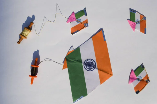 Happy Republic day and Happy Independence day greetings wishes with blank space to write text fonts. Tricolour tiranga three colored kite flying concept o Freedom and Prosperity celebration