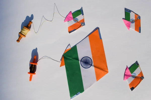 Happy Republic day and Happy Independence day greetings wishes with blank space to write text fonts. Tricolour tiranga three colored kite flying concept o Freedom and Prosperity celebration