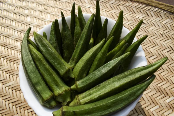 Fresh Okra Vegetable Green Vegetables Lady Finger Ladyfingers Also Known — Stock Photo, Image