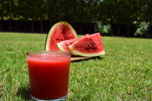 Watermelon juice drink with freshly cut water melon fruit served in outdoor environment background. Fresh and delicious red colour Tarbooz ka Sharbat from India or PakistanPopular famous summer drinks