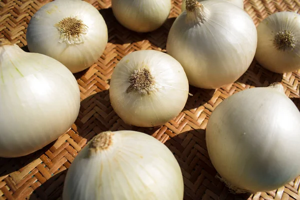 Selective focus of Fresh white onions. many white onions on wicker background in group. Whole raw unpeeled safed pyaaz