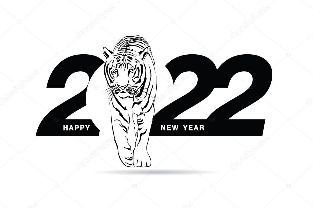 Happy new year 2022 year of tiger drawing tiger black and white lines lying on numbers 2022 for poster, brochure, banner, invitation card, vector illustration Isolated on white background.
